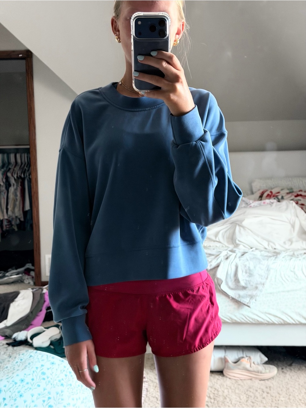 lululemon athletica Blue Crewneck Sweatshirt with Raspberry Shorts